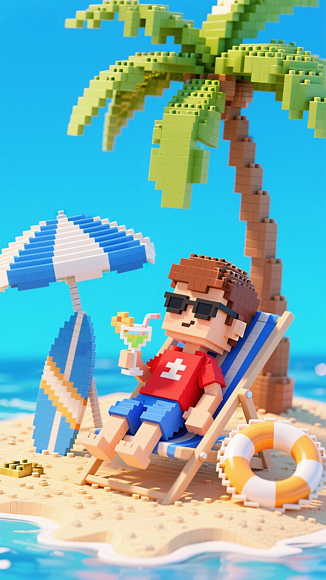 像素风软3D设计，清新卡通感，夏日海滩休闲场景，享受清凉时光。