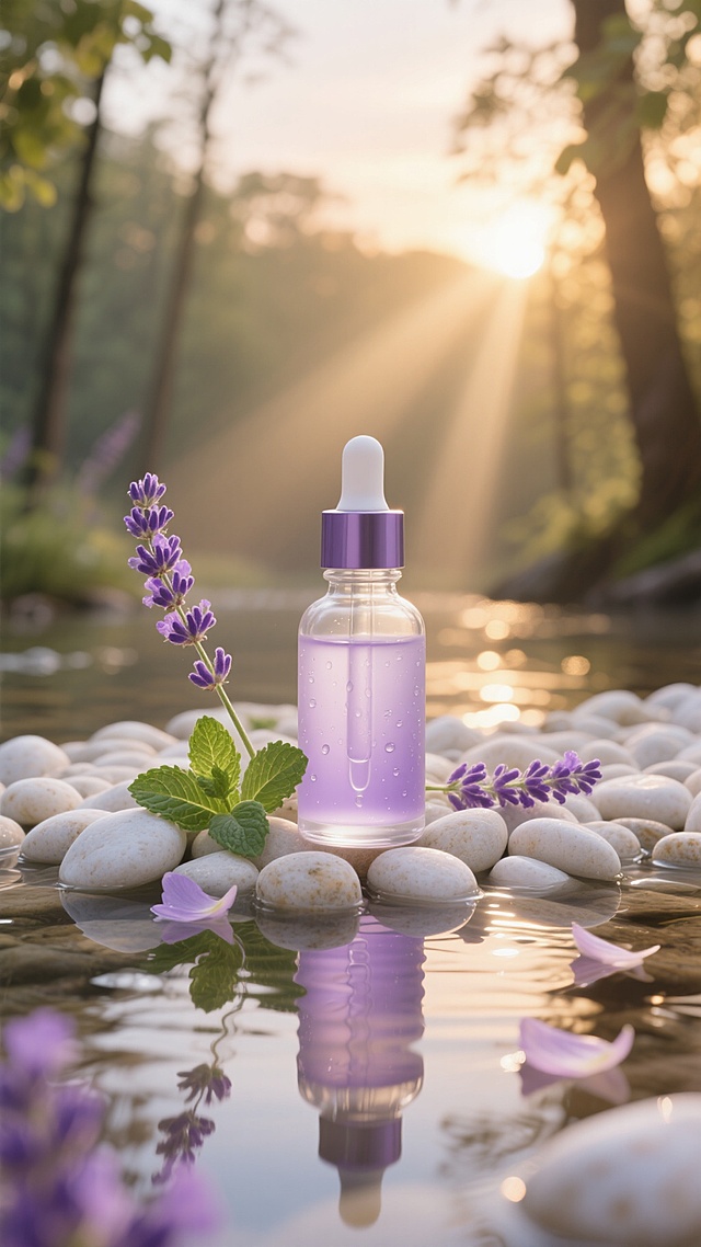 一张高品质的精油产品摄影海报，采用写实风格，主色调为清新的薰衣草紫与柔和的淡金色。画面中，一瓶带有精致滴管的透明精油瓶（瓶身可略带磨砂质感或光滑玻璃质感）置于铺满白色鹅卵石的浅滩上，瓶身周围点缀着紫色薰衣草花穗和几片嫩绿的薄荷叶。背景是朦胧的黄昏森林，暖金色的阳光透过枝叶缝隙形成柔和的光束，水面上漂浮着几片花瓣，泛起细微的涟漪，水面倒映着瓶身和周围的植物，营造出宁静、舒缓、自然疗愈的氛围。光线从斜上方照射，在瓶身和鹅卵石上形成清晰的高光和柔和的阴影，瓶身表面可带有几滴晶莹的水珠，增强水润感和新鲜感。整体构图采用中心聚焦，突出精油瓶主体，背景虚化处理，形成明显的景深效果，让观者视线集中在产品上，快速传达出产品的天然、纯净与舒缓特性，符合追求自然护肤、放松身心的目标受众审美。