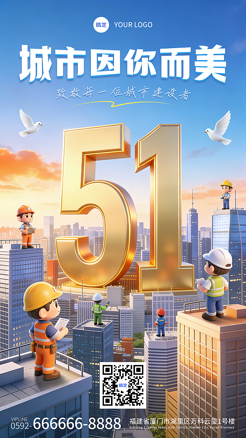 五一劳动节3D卡通人物致敬海报