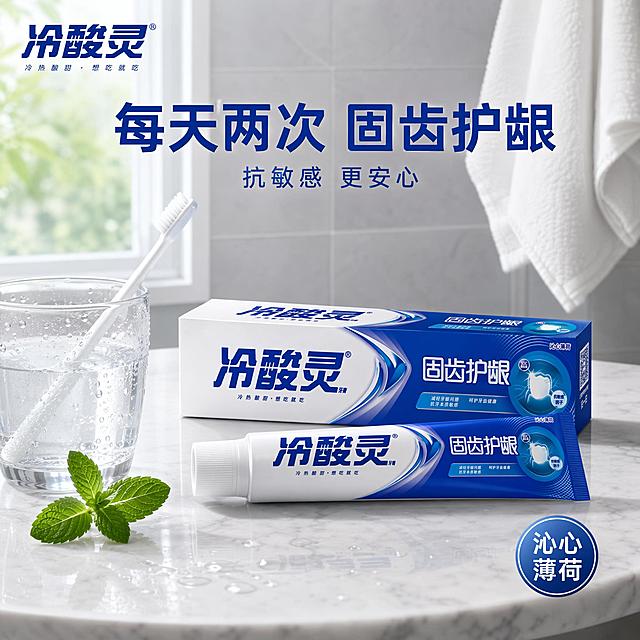 [主图-1] 冷酸灵固齿护龈牙膏浴室场景首图 真实生活场景风
[氛围风格] 真实浴室洗漱场景 清新自然 生活化 有代入感
[画质] 超高清商业摄影质感 光线柔和自然 产品清晰真实
[元素] 画面中央摆放冷酸灵固齿护龈牙膏盒与一支牙膏管 放置在白色大理石洗手台上 牙膏盒正面朝向观众 牙膏管斜靠在盒旁 旁边有一只透明玻璃漱口杯 杯内装半杯清水 杯壁有水珠 还有一支白色牙刷斜放在杯沿 背景是浅灰色瓷砖墙面 墙上挂着一条白色毛巾 左侧窗户外有柔和的自然光透入 台面上有几滴晶莹的水珠和一片新鲜薄荷叶 左上角放置冷酸灵品牌Logo 保持原品牌字形与蓝白配色 保持冷酸灵固齿护龈牙膏外观（即物理结构 材质质感 颜色 包装设计）与输入产品图绝对一致 杜绝任何变形和色差 精细化处理 商品主体占比约65% 画面满屏无边框
[光影] 左侧窗户射入的自然光为主光 柔和明亮 右侧有轻微补光 大理石台面有自然的反光 牙膏盒表面有细腻的高光 整体光线温暖自然 有生活气息
[配色] 主色调为品牌蓝 白色 大理石灰 辅助色为薄荷绿 清水透明感 整体色调干净清爽
[视角构图] 略微俯视的角度 产品位于画面中心偏下 上方留出文案空间 景深中等 背景轻微虚化突出主体
[文字版式] 画面上方居中放置主文案 大字"每天两次 固齿护龈" 深蓝色粗体无衬线字体 下方小字"抗敏感 更安心" 字号约为主标题的50% 右下角放置圆形蓝色标签 内有白色文字"沁心薄荷" 文字清晰可读 不遮挡产品主体
[输出要求] 1:1比例 文字清晰可辨 超高清商业摄影质感
[负向提示词] 变形 文字错乱 产品图模糊 背景杂乱 水印 电商平台Logo 二维码