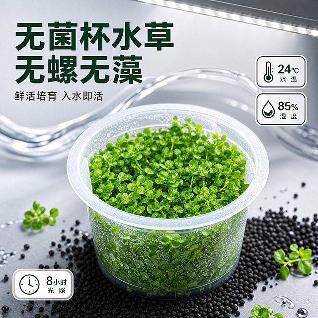 [主图-1] 无菌杯水草英雄主图，突出产品鲜活饱满状态与高端水族品质感。
[统一基调] 高端水族商业摄影风格，极简高级灰+清新薄荷绿主色调，白色辅助色，科技感深绿强调色；无衬线粗体大字标题，简洁圆角图标组件，整体干净通透有呼吸感，拼多多主图视觉。
[画面] 透明塑料无菌杯装翠绿水草置于画面正中央略偏下，45°俯视微侧视角，主体占比约65%，水草叶片饱满翠绿、晶莹剔透带水珠，杯壁有细密水雾。背景为高端水族展示台：浅灰色高级台面，后方有柔和流动的透明水流线条装饰，底部铺一层细腻黑色水草泥颗粒作为点缀，上方悬浮一盏现代简约长条LED水族灯向下投射柔和白光。画面右上角有两个精致科技感小图标：一个显示"24°C"水温，一个显示"85% 湿度"，左下角有小巧时钟图标显示"8小时光照"。左上角大字标题"无菌杯水草 无螺无藻"，下方小字"鲜活培育 入水即活"。
[光影质感] 专业影棚布光，顶光为主辅以侧光，水草叶片通透有光泽，杯体透明质感真实，底部有柔和接触阴影，整体明亮干净，8K商业摄影级清晰度。
[配色] 背景浅灰渐变，水草翠绿，图标与文字深绿+白色，整体清新高级不杂乱。
[文字版式] 标题粗体无衬线大字放在左上安全区，辅助文字缩小60%，图标精致小巧不抢主体，所有文字清晰可读不遮挡水草主体。
[输出要求] 1:1正方形，产品清晰不变形，文字清晰无错字，画面干净高级，无水印无平台Logo，禁止模糊、杂乱、多余元素。