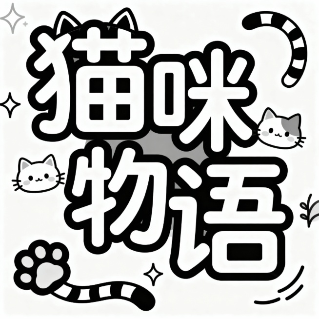 文案“猫咪物语”，黑白对比强烈，大字风搭配描边设计，融入可爱猫咪、猫耳、猫尾巴、猫爪等元素，充满可爱感与卡通感，小清新，适合手账风节日海报。预览效果