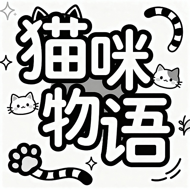 文案“猫咪物语”，黑白对比强烈，大字风搭配描边设计，融入可爱猫咪、猫耳、猫尾巴、猫爪等元素，充满可爱感与卡通感，小清新，适合手账风节日海报。