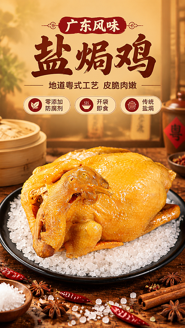 [商品] 使用【图1】广东风味盐焗鸡整只；保留整鸡形态、金黄油亮的盐焗色泽、鸡皮纹理、盐粒摆盘、鸡头朝向与结构；增强鸡皮光泽感和盐粒晶莹质感，不改变鸡的形态和颜色。
[画面] 目标：食欲氛围头图，突出广东盐焗鸡全貌与地道风味。构图：上文下图竖版，顶部30%为文字区，底部70%为产品主体；产品占画面60%，居中偏下放置；前景散落粗盐粒、八角、桂皮、干辣椒等香料，中景盐焗鸡整只置于黑色圆盘，背景虚化木质餐桌与竹制蒸笼、粤式老铺元素；前中后景3层以上，营造粤式烟火气氛围。
[视觉] 套系策略：风格=粤式烟火气商业美食摄影；标题字=粗黑体带轻微书法笔触；正文字=简洁无衬线体；主色=暖金橙；背景延展=基于暖金橙做深浅层级、木质纹理、暖黄渐变；强调色=酱红色，仅用于小面积图标、引线和标签；标题色=深棕红；正文色=暖深灰；组件=圆角米白底信息卡、细线引线、香料装饰元素；光影=左前侧暖柔光，突出鸡皮油亮反光。
[文字] 顶部居中主标题"广东风味 盐焗鸡"，副标题"地道粤式工艺 皮脆肉嫩"，下方3个短卖点图标："零添加防腐剂""开袋即食""传统盐焗"；文字区不遮挡鸡身主体，全部横排，字号保证手机端清晰可读。
[规格] 图片比例9:16竖版，4K，负向提示：避免变形、错字、文字过小、冷蓝背景、鸡皮颜色改变、形态失真、极限词。