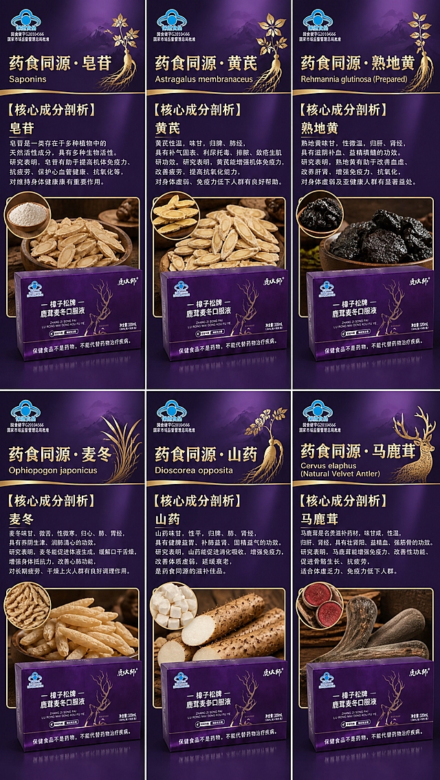 参考第一张图的竖版海报构图布局，参考第二张图的紫色产品盒配色风格，生成6张中药材成分介绍海报，每张对应一种成分：皂苷、黄芪、熟地黄、麦冬、山药、马鹿茸。每张海报结构：顶部为保健食品蓝帽子标识+批准文号，大标题为'药食同源·[药材名]'及英文名称，中间为【核心成分剖析】板块，包含该药材的名称标题和功效介绍文字，下方为药材实物摄影图+圆形细节特写图，底部放置紫色的'鹿大师 樟子松牌 鹿茸麦冬口服液'产品盒。整体风格：深紫色渐变背景，金色装饰线条和元素，高端保健品风格，紫金配色，质感高级。共生成6张独立海报，分别对应6种药材。