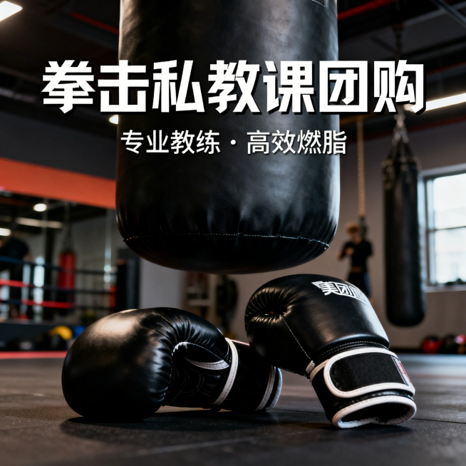 美团健身团购主图，方形1:1，健身拳击私教课主题，专业拳击手套沙袋场景，现代简约风格，清晰文字，商业宣传预览效果