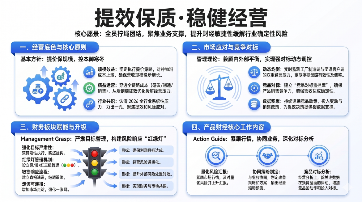把背景底色改为白色，标题改为提效保质·稳健经营，放大一些预览效果