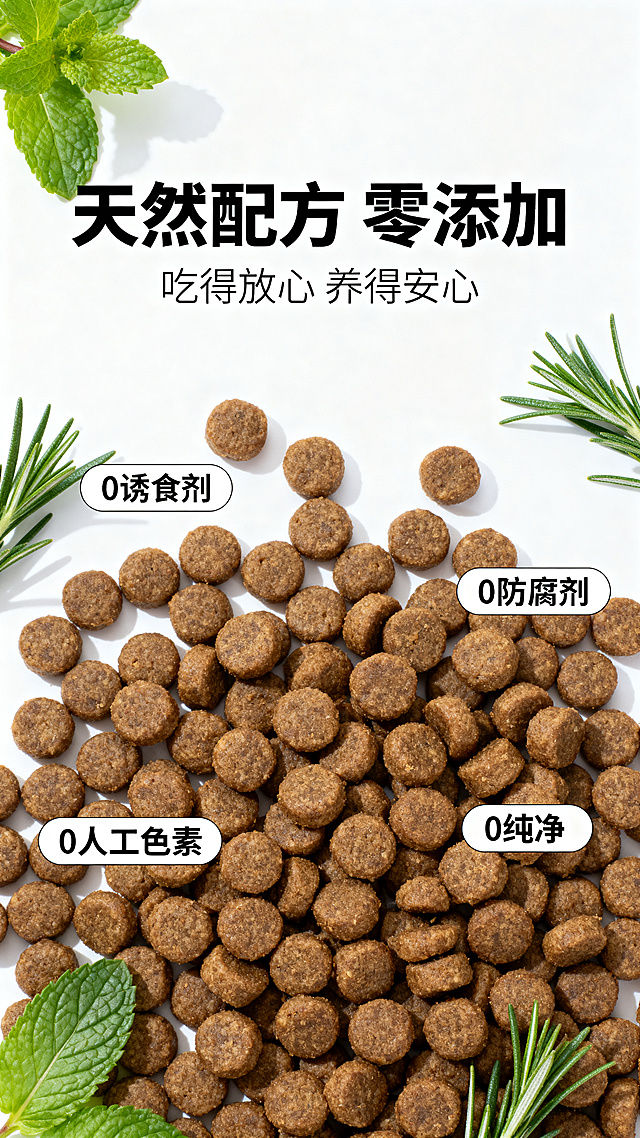 主文案居中放大，字体为思源黑体粗黑，文字内容"天然配方 零添加"，副文案在主文案下方，字体为思源黑体纤细，文字内容"吃得放心 养得安心"，副文案颜色比主文案浅一度，整体文案位于画面上方。画面中央是犬粮颗粒散落在纯白背景上，周围用简约的标签标注 "0 诱食剂"、"0 人工色素"、"0 防腐剂"。背景点缀着新鲜的草本植物叶子，如迷迭香、薄荷叶。构图简洁、干净，突出“纯净”感。高清 8K 分辨率，犬粮颗粒纹理清晰，草本植物叶片脉络可见，背景纯净无杂质，光线柔和均匀。