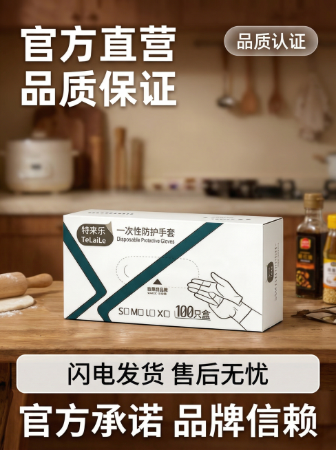 参考提供的两张一次性TPE手套详情页的温馨居家厨房风格、白色粗体大字+圆角透明标签排版逻辑，生成第10张详情页收尾页：暖调厨房背景，居中放置手套包装盒，上方大字“官方直营 品质保证”，下方小字“闪电发预览效果