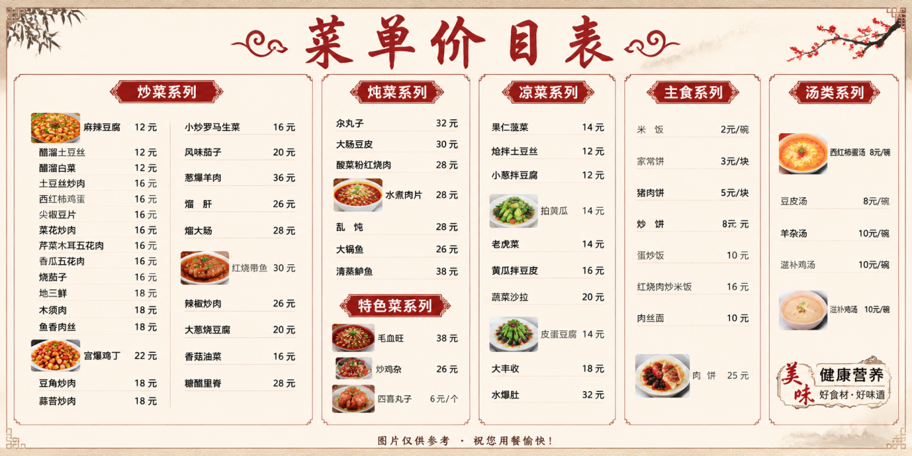 一张300*150厘米横版饭店菜单价目表，包含全部菜品名称和价格，菜品配小图片，排版清晰
文字内容：
炒菜系列
麻辣豆腐	12 元
醋溜土豆丝 12 元
醋溜白菜	12 元
土豆丝炒肉 16 元
西红预览效果
