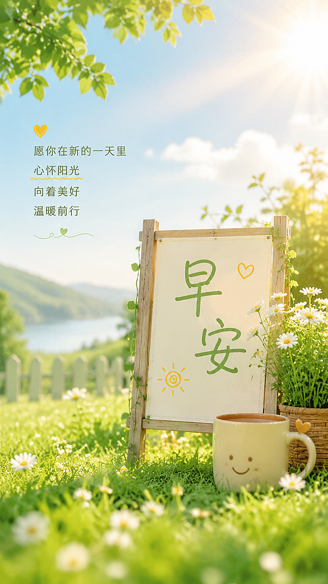 温馨风格早安海报，带有阳光草地，配文"早安"，整体清新治愈