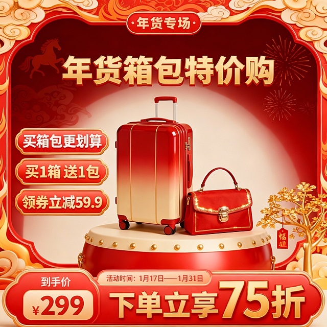 软3D风格商品展示框，电商年货节箱包促销主图，背景为的深红色渐变，点缀奔腾骏马纹样，背景点缀一些烟花图案，边缘是红金渐变的中式祥云火焰纹样边框；

画面中央放置主体；画面上金色主标题“年货箱包特价购”，左侧设置三个上下红色渐变促销标签，带金色边框，内有白色+金色加粗文字：“买箱包更划算”“买1箱 送1包”“领券立减59.9”；
画面顶部是红色圆角标签，标注“年货专场”字样；

画面下方是红金配色的中式软3D大鼓，鼓身带有金色铆钉，右侧搭配金色祈福树装饰（挂有红色福字吊牌）；底部是红金渐变促销栏，左侧显示“到手价¥299”，中间标注活动时间“1月17日——1月31日”，右侧用醒目的金色加粗字体突出“下单立享75折”；整体画面采用3D立体质感，色彩以红、金、米白为主，层次分明，兼具传统年味与现代电商促销的视觉冲击力