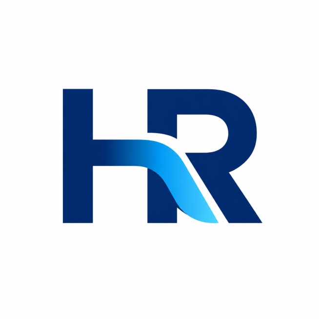 干净的纯白色背景。平面艺术字体设计，主体文字"HR"，现代简约商务风格，几何化无衬线字体，线条重构设计，深蓝色主体搭配浅蓝色渐变。两个字母结构融合为一个整体logo图形，笔画简洁流畅富有专业感。仅包含预览效果