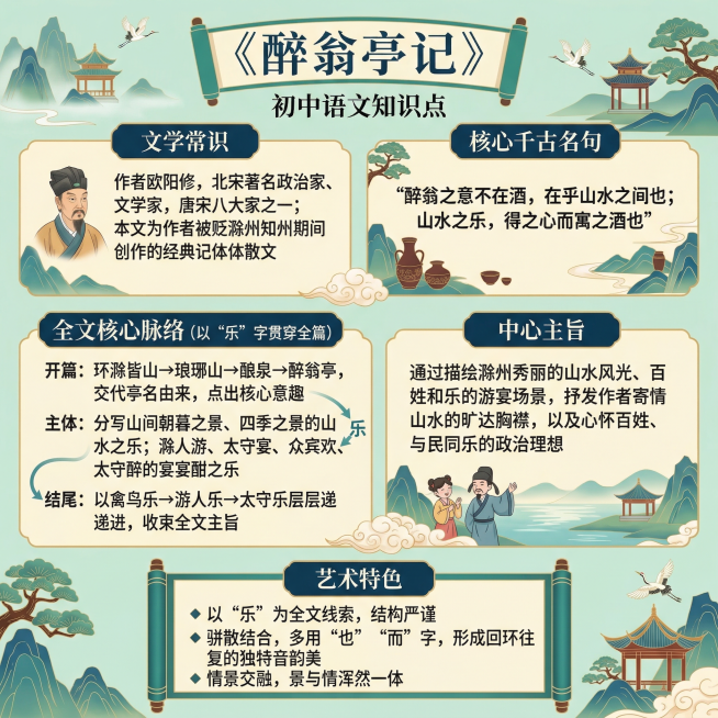《醉翁亭记》初中语文知识点信息图，国风扁平化设计，分块清晰、内容严谨零错误，适配语文教学课件与课堂展示使用，整体整洁雅致，字体规整。画面包含以下分块内容：1. 课题："《醉翁亭记》"；2. 文学常识：预览效果
