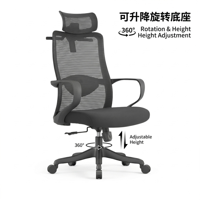 电商功能介绍图，展示这款黑色办公椅可升降旋转底座功能，白底背景，干净简约商务风格，突出五星滚轮底座和升降功能预览效果