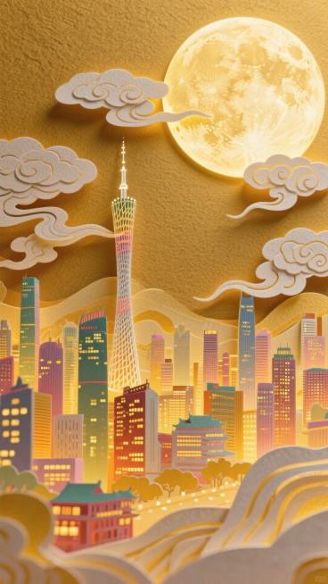 一轮巨大的圆月为占据画面右上方，底部以工笔风格呈现出全景的中国都市高楼林立错落有致的万家灯火的氛围，广州塔，祥云装饰，突显中秋节日氛围，金色调基底，纸张质感预览效果