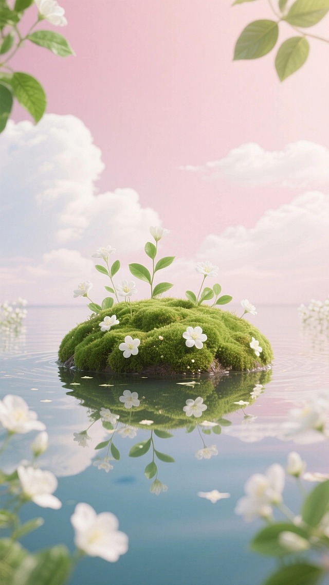 覆盖翠绿苔藓的扁平小岛漂浮在清澈水面，周围环绕着白色花朵与绿叶，背景是淡粉色天空和洁白云朵，水面有清晰倒影