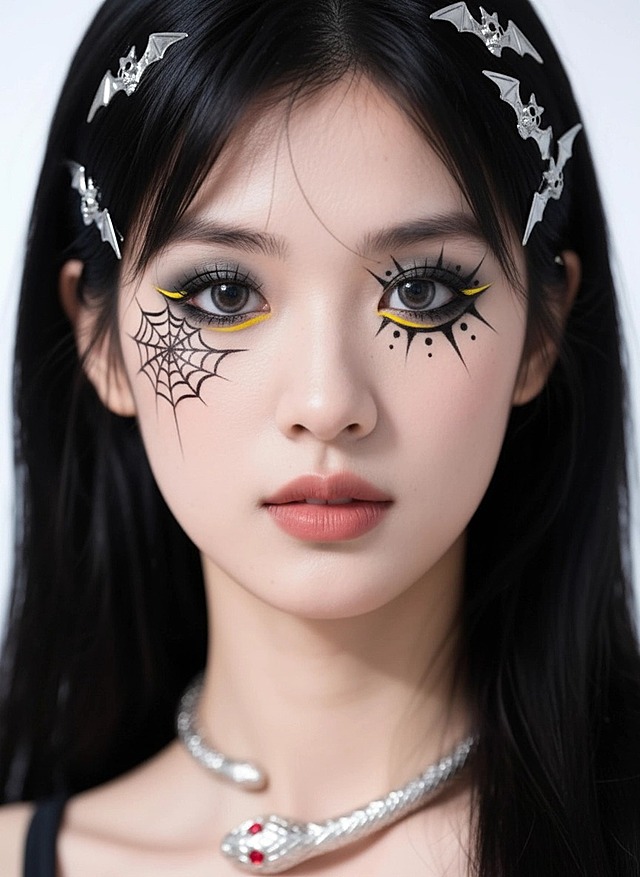 美妆博主的万圣节妆容，带有：黑白色系眼影，左眼旁有蜘蛛网状图案，右眼黑色尖刺状眼线，点缀黑色圆点，点缀黄色色彩；银色金属发夹、蛇形项链