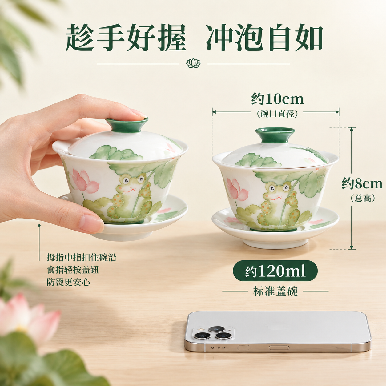 [主图-5] 手绘青蛙荷花盖碗 尺寸容量与使用方式展示 [统一… - 图片创意预览