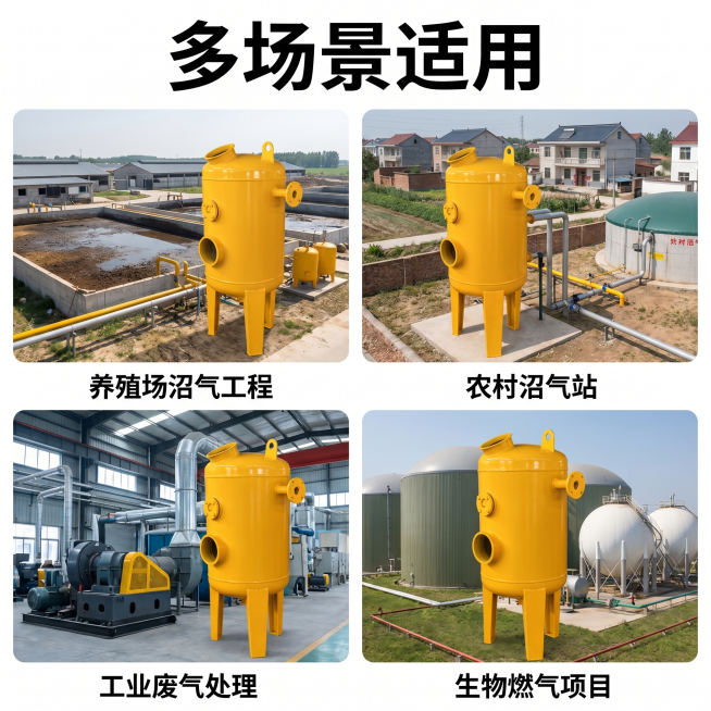 [主图 4] 沼气脱硫罐适用场景展示图。
[氛围风格] 真实应用场景展示，专业实用
[画质] 商业摄影质感、光线柔和通透、产品清晰真实、画面干净高级
[元素] 保持沼气脱硫罐外观（物理结构、材质质感、预览效果