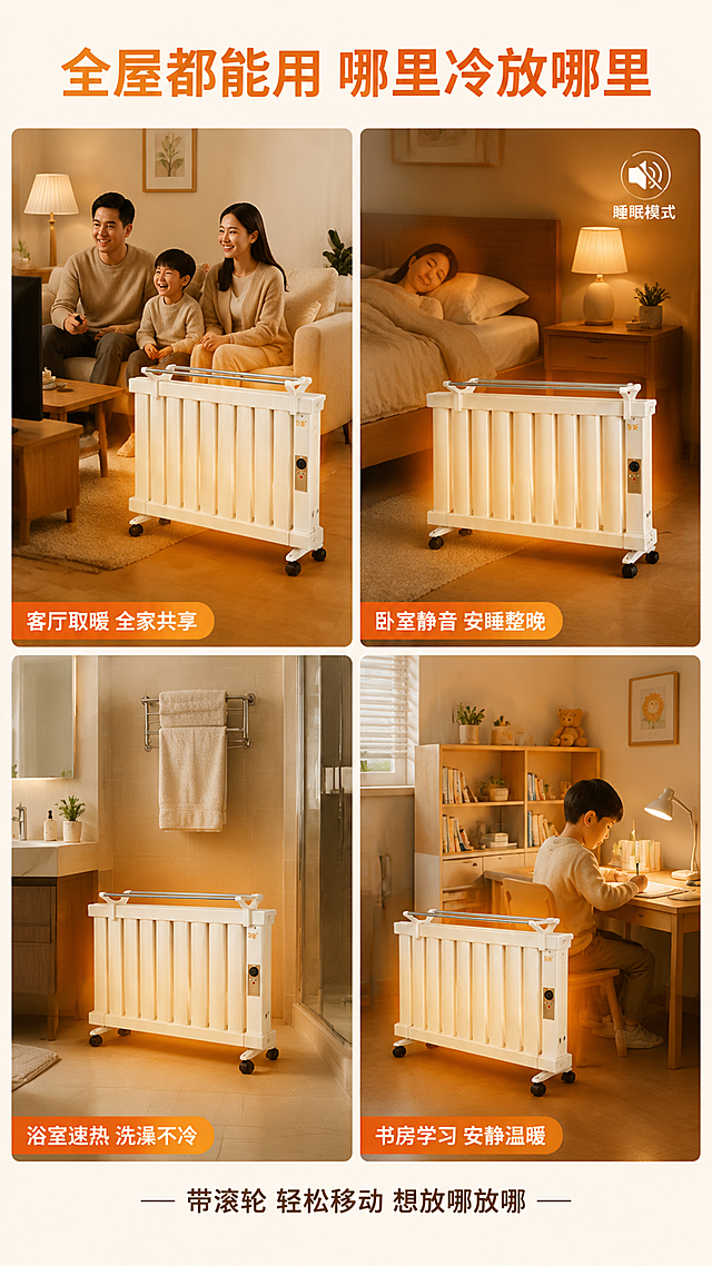 [第6屏] 详情页使用场景-知妻超导相变液取暖器多场景应用拼图。本屏使用【图1】作为各场景产品主体。
[氛围/风格] 温馨生活场景拼图，暖色调，真实家居场景，有代入感，拼多多风格场景化种草。
[元素布局] 画面分为4格拼图，2行2列布局：①左上：客厅场景-取暖器放在沙发旁，一家人围坐看电视，温暖舒适；②右上：卧室场景-取暖器放在床边，暖光氛围，睡眠模式示意；③左下：浴室场景-取暖器放在浴室角落，毛巾挂在烘衣架上，洗澡后取暖；④右下：书房/儿童房场景-取暖器放在书桌旁，孩子在写作业，温暖安静。每格中取暖器外观、颜色、结构与输入图完全一致。
[光影质感] 每个场景都有暖橙色主光，模拟取暖器散热效果；整体光线温馨柔和，各场景光影统一。
[配色色系] 全局底色 #FFF8F0（暖米白）；主色 #FF7A00（暖橙）；辅助色各场景有不同家居配色但整体暖调统一。
[视角构图] 2×2宫格拼图，每格独立场景，阅读动线从左上到右下。
[文字版式] 顶部主标题「全屋都能用 哪里冷放哪里」，粗黑体暖橙色；每格场景配场景标签：「客厅取暖 全家共享」「卧室静音 安睡整晚」「浴室速热 洗澡不冷」「书房学习 安静温暖」，标签为半透明橙底白字，位于每格左下角；底部小字「带滚轮 轻松移动 想放哪放哪」。
[比例分辨率] 9:16 竖版比例，4K分辨率，文字清晰可辨，高清画质。
[负向提示词] 产品变形，缺件错件，颜色偏差，水印，文字错乱，产品图模糊，场景不真实。