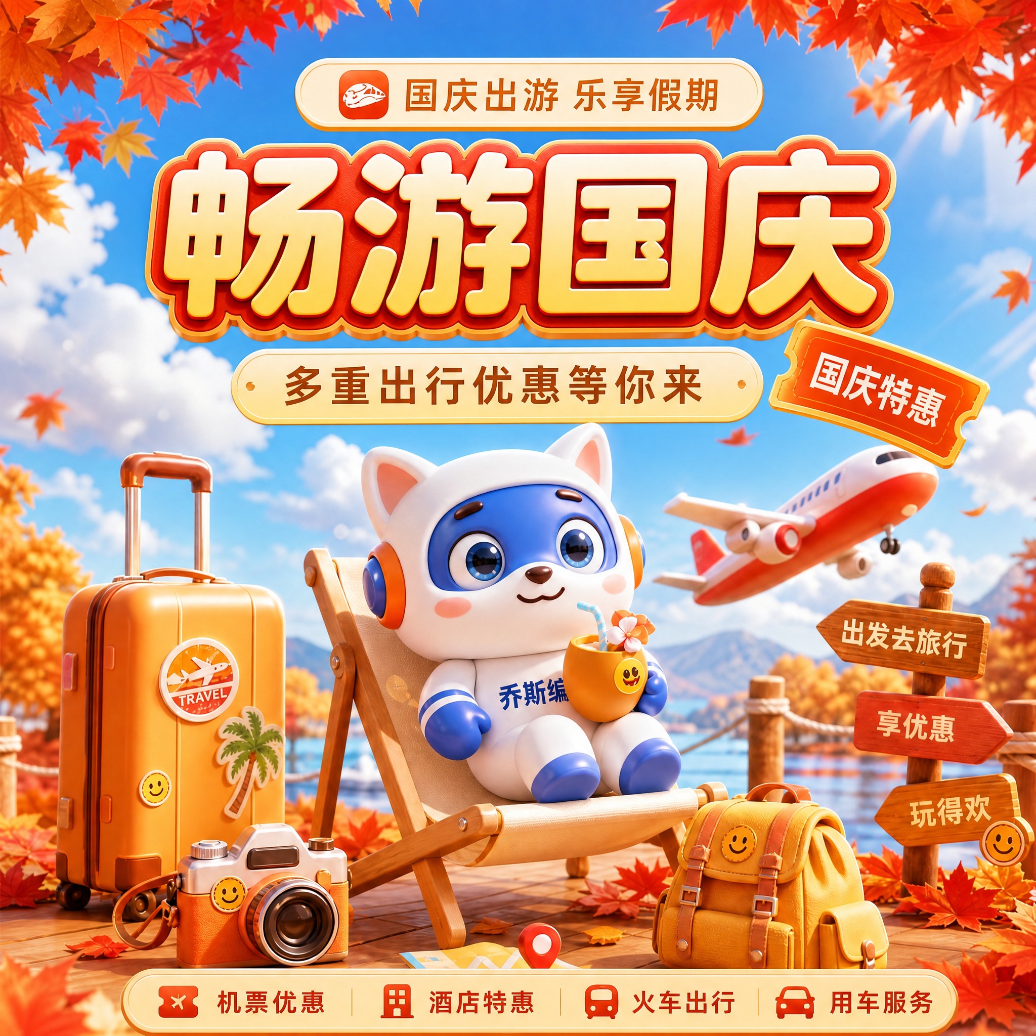 将图1中间的机器人IP形象替换为图2中的蓝白色小狐狸IP形象（… - 图片创意预览