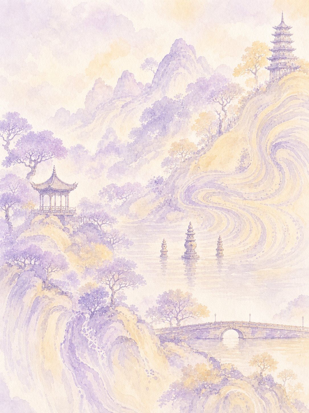 将这张西湖水彩插画调整为：不要渐变效果，整体笔触以浅紫色和淡奶… - 图片创意预览