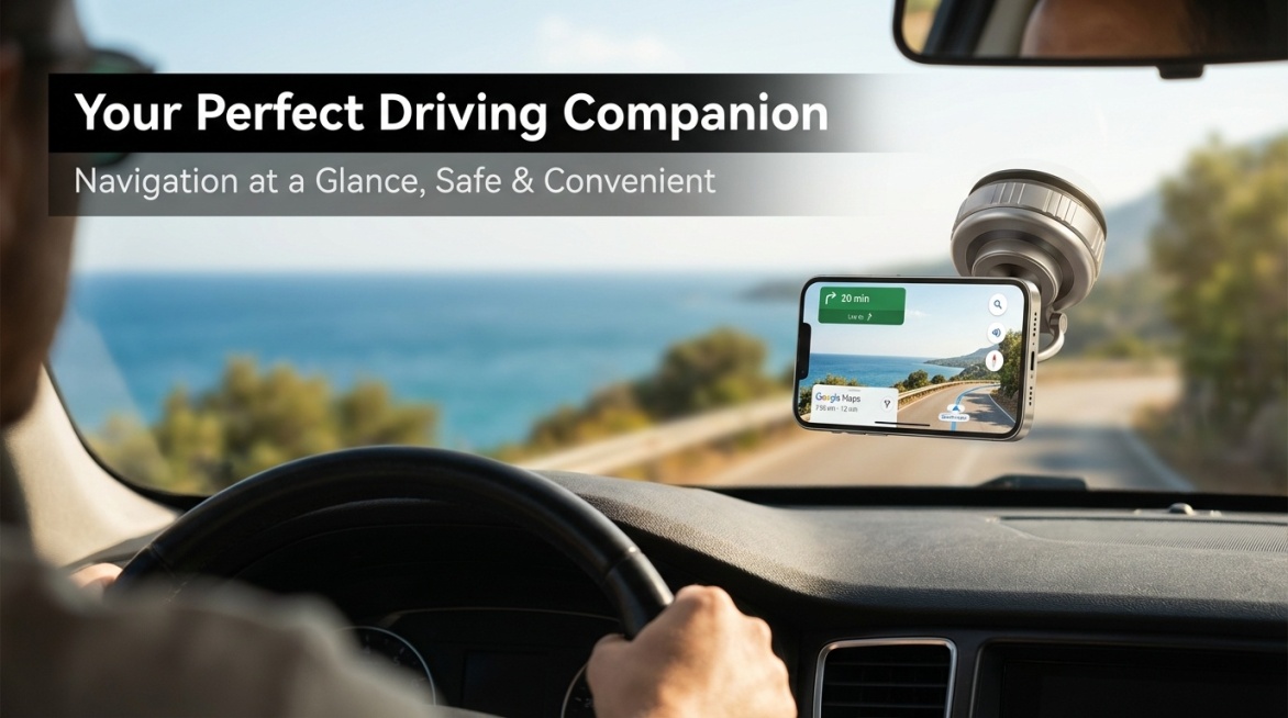 16:9横向比例，Instagram Story/TikTok沉浸式生活摄影，电影质感8K超写实画面。严格还原上传的Magsafe车载支架银灰色金属哑光质感，支架安装在汽车仪表盘上，固定着显示谷歌地图预览效果