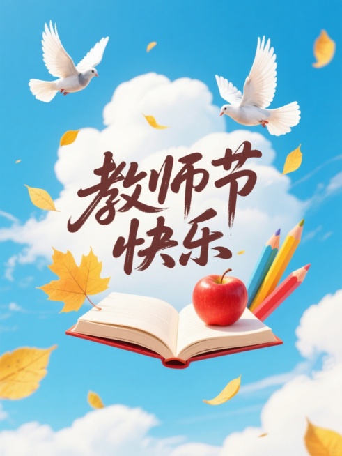 画面中央是手写花体字“教师节快乐”，周围环绕着飞翔的白鸽、打开的书本、红色苹果、彩色铅笔和飘落的黄色叶子，背景是蓝天白云，整体风格清新明亮预览效果