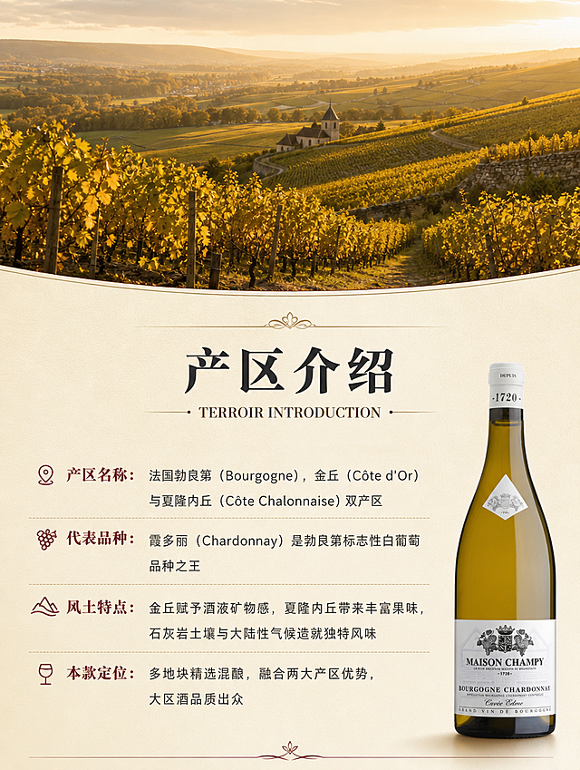 [商品] 使用【图7】尚皮酒庄勃艮第霞多丽特酿白葡萄酒2023；保留酒瓶造型、酒液颜色、瓶身标签全部文字和图案；商品处理：瓶身标签清晰化，玻璃质感通透。
[画面] 产区介绍风土板块，产地叙事型版式；画面上半部分为勃艮第葡萄园风景，起伏的丘陵葡萄园秋日景色，金色阳光洒在葡萄藤上，占画面约55%；画面下半部分为文字介绍区，酒瓶缩小置于右下角，占画面约15%；背景为浅米白渐变，上下用细线分隔；阅读动线从上至下，风景图→标题→文字介绍→产品点缀。
[视觉] 套系策略：风格=法式简约高级商业摄影；标题字=经典衬线粗体（Times风格）；正文字=现代无衬线体；主色=米白+暖金；背景延展=基于米白暖金做深浅层级、同色渐变和细腻纸张质感；强调色=勃艮第酒红，仅用于小标题和小面积点缀；标题色=深炭灰；正文色=中暖灰；组件=细线分隔、优雅装饰线、小标签；光影=上部风景自然光，下部柔和布光。
[文字] 风景图下方居中大标题：产区介绍；下方文字分四段：①产区名称：法国勃艮第（Bourgogne），金丘（Côte d'Or）与夏隆内丘（Côte Chalonnaise）双产区；②代表品种：霞多丽（Chardonnay）是勃艮第标志性白葡萄品种之王；③风土特点：金丘赋予酒液矿物感，夏隆内丘带来丰富果味，石灰岩土壤与大陆性气候造就独特风味；④本款定位：多地块精选混酿，融合两大产区优势，大区酒品质出众；文字全部横向排版，段落清晰。
[规格] 图片比例3:4竖版（750px宽），4K分辨率，避免变形、错字、文字过小、冷蓝背景、风景与产品脱节。