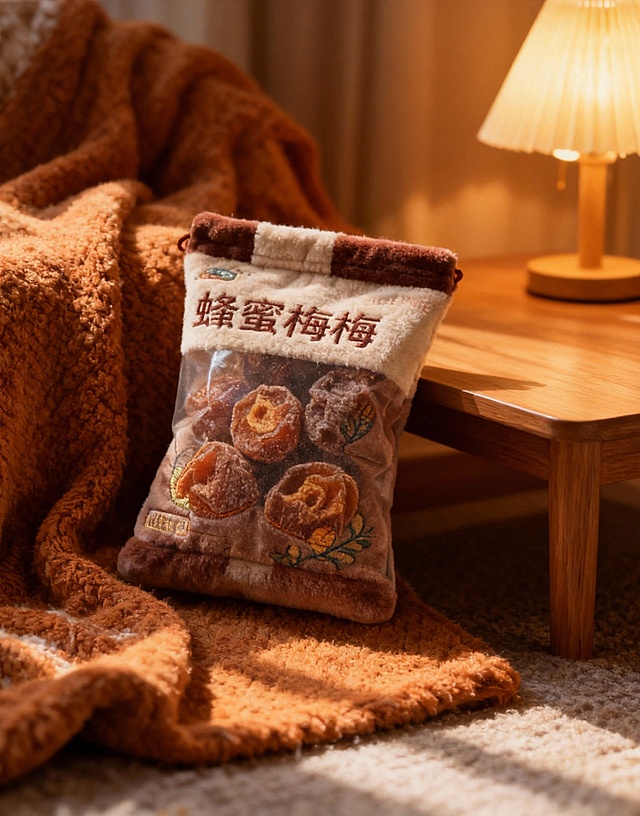 将图示商品变成摇粒绒质感，袋身有精致刺绣文字与图案，还原商品颜色细节。冬日居家场景