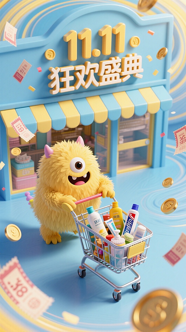软3D风微缩艺术场景，毛茸茸卡通怪兽推购物车，满载日用品，金币与优惠券飞舞，营造可爱喜庆的双十一促销氛围。