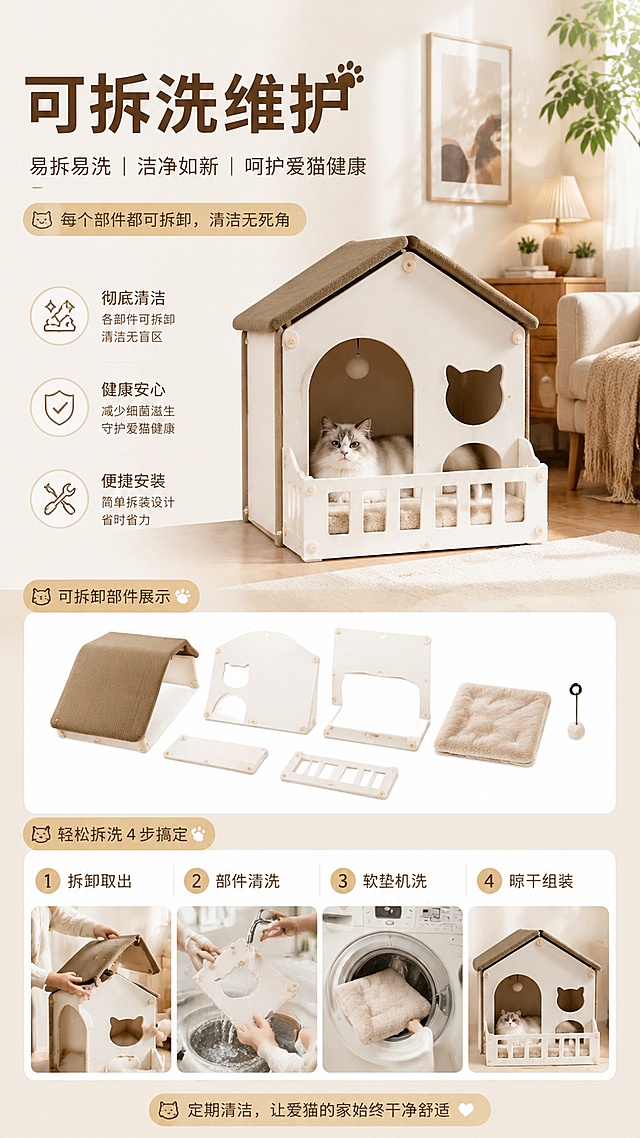 参考图片风格，重新生成画面内容「图片1」「图片1」「图片1」「图片1」「图片1」「图片1」「图片1」「图片1」「图片1」「图片1」做一套我这款产品的猫别墅的电商详情页，猫别墅智能款:【高130cm*宽60cm*深60cm】
数显屏幕手机控制恒温加热
声控宠物新风风扇
声控紫外线杀菌灯
24H 恒温加热 猫咪更适宜的温度
声控夜间灯光
F4星多层实木板环保护宠天然抗菌 一套完整的电商详情页。比例是9:16 10张