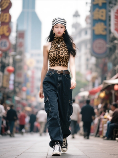 热闹的千禧年上海街头，女人（戴条纹头巾，豹纹高领坎肩，深色牛仔工装裤搭配帆布鞋，千禧年时尚配饰）走在街头。大光圈虚化背景。正面看镜头。预览效果