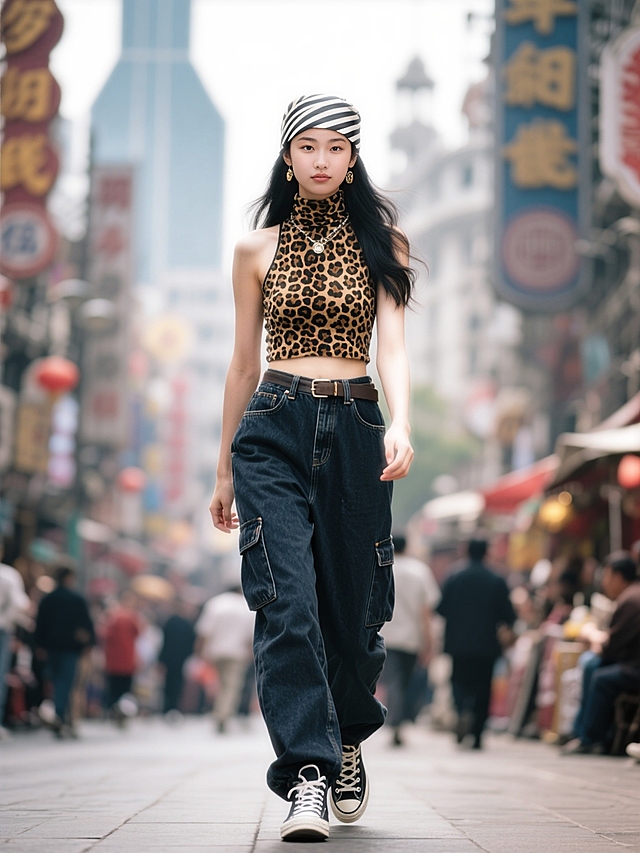 热闹的千禧年上海街头，女人（戴条纹头巾，豹纹高领坎肩，深色牛仔工装裤搭配帆布鞋，千禧年时尚配饰）走在街头。大光圈虚化背景。正面看镜头。