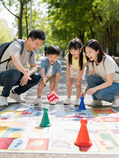 参考参考图真实摄影风格，生成家长和小孩在路上玩实体大富翁扔骰子的欢乐场景，实体棋盘地面铺设，一家人互动游玩，氛围温馨自然，真实户外场景，照片清晰质感，比例3:4预览效果