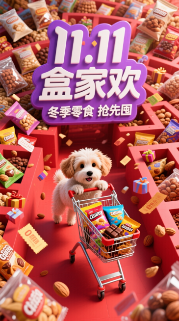 极致明亮的红色调画面中间一个小狗推着购物车，购物车里有巧克力等零食，背后带有设计感的巨大的紫色主标"11.11 盒家欢"+副标“冬季零食 抢先囤”，背景在坚果零食袋堆积组成的巨大的迷宫中，零食袋中透着预览效果