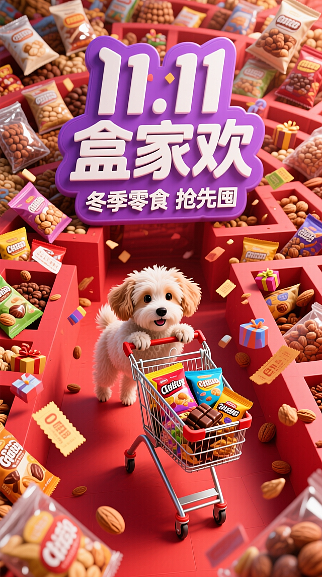 极致明亮的红色调画面中间一个小狗推着购物车，购物车里有巧克力等零食，背后带有设计感的巨大的紫色主标"11.11 盒家欢"+副标“冬季零食 抢先囤”，背景在坚果零食袋堆积组成的巨大的迷宫中，零食袋中透着光亮，鸟瞰视角，促销元素飘落下来