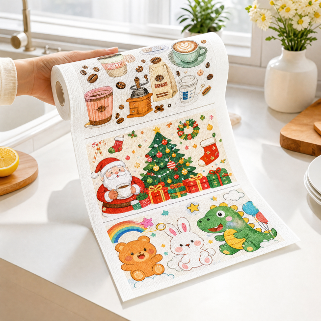 [Main Image 3] Multiple patterns display of the tearable kitchen towel roll, unrolled to show cute p预览效果