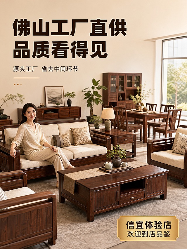 [主图-3] 工厂直供品质家具展示 核心任务：展示佛山工厂直供优势，增强信任感，突出家具品质。
[统一基调] 整体风格：温馨高级家居风，暖棕米白配色，背景主色暖米色，标题字色深棕，辅助字色浅棕，强调色金色，字体样式：粗黑体主标题+细体说明，卡片圆角浅棕边框。
[画面] 画面展示现代新中式实木家具展厅全景，正中摆放一套深棕色实木沙发组合，搭配同系列茶几电视柜，旁边有实木餐桌椅，整体风格统一；左侧前景有一位30岁左右亚洲女性模特，穿着米色休闲装，正坐在沙发上，手轻抚沙发扶手，微笑看向镜头，自然放松；沙发旁落地窗外有自然光洒入，地面铺浅灰色地毯，旁边有绿植和落地灯点缀；上方大标题“佛山工厂直供 品质看得见”，下方副标题“源头工厂 省去中间环节”。
[光影质感] 商业家居摄影质感，午后暖调自然光从右侧窗户照入，家具木纹清晰，沙发面料有质感，人物光影柔和，整体温馨高级。
[配色] 暖米色背景+深棕家具+金色标题+米白沙发靠枕点缀绿色植物绿色植物绿色植物。
[文字版式] 左上角大标题“佛山工厂直供”深棕粗黑体，下方副标题“源头工厂 省去中间环节”浅棕细体；右下角金色标签“信宜体验店 欢迎到店品鉴”；文字放在负空间，不遮挡家具主体。
[输出要求] 比例3:4，文字清晰，家具清晰，人物自然，无变形错字模糊杂乱水印平台Logo，禁止联系方式。