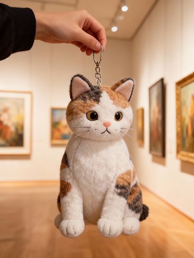 软3D风毛绒猫挂件，拟人化大眼萌态，细腻毛发生长质感，卡通感十足，温暖可爱，艺术馆场景衬托梦幻氛围。