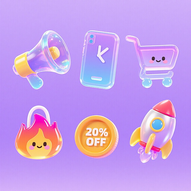 3D卡通风格，拟人化物品展现可爱塑料质感，节日促销氛围浓厚。