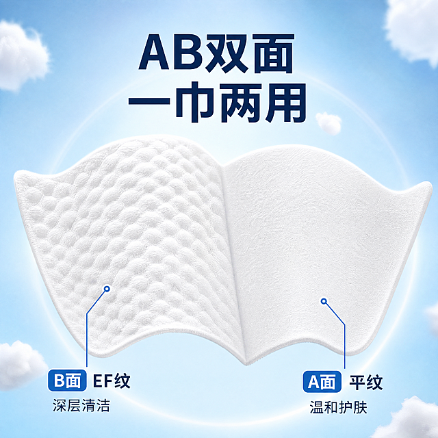 [商品] 使用【图1】AB双面纹路棉柔巾特写；保留A面平纹B面EF纹纹理差异；保留白色纯棉材质；产品处理：纹理清晰，对比鲜明。
[画面] 电商主图第2张（1:1方形），卖点特写型；两片棉柔巾在画面中央呈弧形展开对接，左侧B面立体EF纹，右侧A面细腻平纹，清晰展示双面差异；棉柔巾占画面约60%；背景浅蓝柔和渐变带微光；周围飘散少量棉絮；突出材质纹路卖点。
[视觉] 套系策略：风格=国内电商清新治愈商业摄影风；标题字=粗黑体圆润大字；正文字=简洁无衬线体；主色=天空浅蓝；背景延展=基于浅蓝做柔和渐变、光晕；强调色=深蓝色；标题色=深蓝色；正文色=深灰蓝；组件=引线标注、圆角小标签；光影=侧光突出纹理立体感。
[文字] 顶部主标题"AB双面 一巾两用"；左下引线标注"B面 EF纹 深层清洁"；右下引线标注"A面 平纹 温和护肤"；全部横排大字。
[规格] 图片比例1:1方形，4K，medium质量；避免变形、错字、文字过小、纹理模糊。