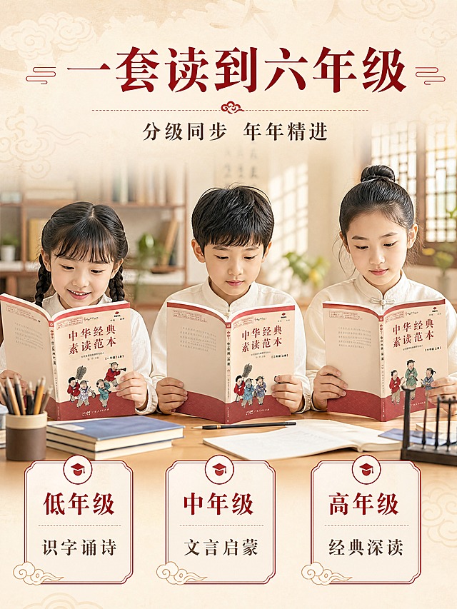 [商品] 使用【图1】中华经典素读范本对应年级单册；保留封面设计、书名、年级标识；书籍由孩子自然手持或摊开于书桌，处于真实阅读状态。
[画面] 目标：使用效果展示，不同年级孩子诵读学习的真实瞬间，强化适龄适配。构图：左中右三人物横排（低年级、中年级、高年级各一名亚洲儿童），每人手持对应年级的书，做诵读/指读/默读动作；主体占画面约65%；景别：中景（半身）；阅读动线：从左到右感受成长进阶；前中后景：前景书桌与文具，中景三个孩子+书籍，后景虚化的教室/书房背景。
[视觉] 套系策略：风格=国风雅韵新中式商业摄影；标题字=宋体衬线粗体（书法感）；正文字=现代宋体正文；主色=朱红+米杏；背景延展=基于米杏色做深浅宣纸纹理、同色渐变与云纹暗底；强调色=朱砂红，仅用于小面积图标、引线和标题点缀；标题色=深朱红；正文色=深棕灰；组件=圆角朱红描边信息卡、细线引线、云纹分隔符；光影=暖调窗边自然光，柔和均匀。
[文字] 顶部主标题「一套读到六年级」，副标题「分级同步 年年精进」；每个孩子下方标注对应年级与学习重点：左「低年级 识字诵诗」、中「中年级 文言启蒙」、右「高年级 经典深读」；文字横排，位于画面顶部和人物下方留白，不遮挡脸部。
[规格] 淘宝/天猫详情页单屏比例 3:4（宽:高），分辨率4K，负向提示：避免书籍封面错乱、人物表情不自然、冷色调、极限词、夸大学习效果。