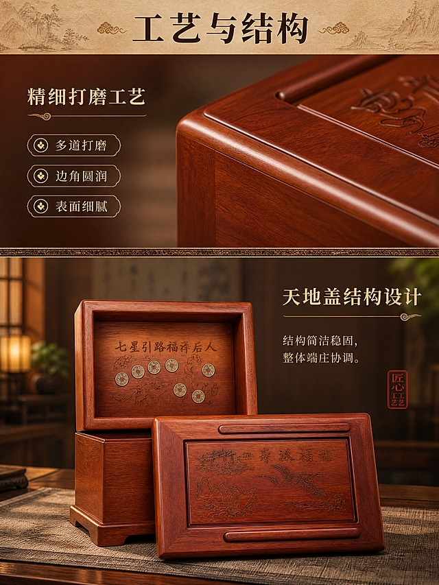 [商品] 使用【图2】福禄寿红花梨实木骨灰盒打开状态；保留天地盖结构、盒盖与盒体分离设计、内部七星图案、红花梨木色；商品处理：增强边角圆润质感与打磨细节，清晰展示天地盖开合结构。
[画面] 目标：卖点五·精细打磨工艺 + 卖点六·天地盖结构，双卖点合并展示。构图：上下分栏，上半部分展示边角打磨细节特写，下半部分展示天地盖打开结构全貌。阅读动线：左上标题→上半区打磨卖点→下半区天地盖结构卖点。前中后景：上半区边角特写，下半区打开状态产品置于案台，背景虚化中式空间。
[视觉] 套系策略：风格=新中式庄重典雅商业摄影；标题字=宋体粗体（传统衬线）；正文字=简洁宋体；主色=暖木棕红；背景延展=基于暖木棕红做深浅层级、同色渐变与木质/宣纸质感；强调色=暗金色，仅用于小面积标题装饰、引线与标签；标题色=深棕近黑；正文色=暖棕灰；组件=细线信息卡、传统纹样分隔线、印章式标签；光影=暖侧光突出边角圆润与结构层次，整体暖色调。
[文字] 左上主标题「工艺与结构」，上半区左侧副标题「精细打磨工艺」+ 三个关键词「多道打磨」「边角圆润」「表面细腻」；下半区右侧副标题「天地盖结构设计」+ 说明文案「结构简洁稳固，整体端庄协调」。文字分区排布，不遮挡产品细节。
[规格] 图片比例3:4竖版，4K分辨率，负向提示：避免变形、错字、文字过小、冷蓝/冷灰背景、产品颜色改变、结构失真、现代简约风格。