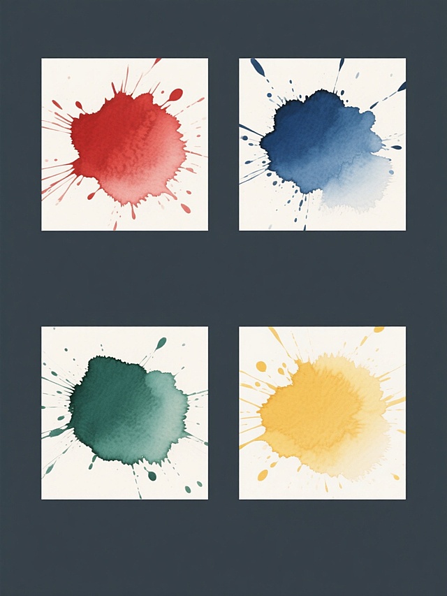 中国传统水墨风格，四格规整排布的系列素材集合，纯色背景，每个格子内为不同色彩的水墨泼溅效果，分别呈现浓淡不一的红色、蓝色、绿色、黄色墨团，边缘带有深浅过渡的墨晕和飞溅的墨点，保持水墨特有的流动性和层次感，整体画面简洁大气，具有东方艺术韵味。