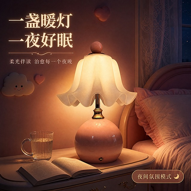 [主图-6] 粉色陶瓷百褶灯罩床头台灯 夜间氛围与使用场景图
[统一基调] 高级感法式奶油风 温馨卧室氛围 暖粉色主色调 金色金属点缀 米白百褶灯罩 字体为优雅衬线体 标题字色为深奶茶棕 辅助字色为浅灰粉 强调色为金属金 整体画面柔和高级 光影层次丰富
[画面] 夜晚卧室场景 环境光线较暗 只有台灯发出温暖的光芒 成为画面的视觉中心 台灯放在法式床头柜上 主体占比约50% 微侧视角 开灯状态 暖光从百褶灯罩漫射出来 在粉色墙面上形成柔和的光晕 床头柜上有一杯温水和一本打开的书 暗示睡前阅读场景 背景中可以看到柔软的床铺 蕾丝窗帘透出微弱的月光 墙上有可爱的云朵装饰 整体氛围温馨治愈 充满夜晚的宁静感 产品与场景自然融合 光影层次丰富
[光影质感] 夜景商业摄影质感 主光源为台灯暖光 光线柔和弥散 环境光很弱 突出台灯光源的氛围感 陶瓷底座在暗光下有温润的反光 金属灯杆有微弱的高光 百褶灯罩透光效果明显 褶皱纹理在光影下更加立体 整体画面有电影般的氛围感和故事感
[配色] 整体色调偏暗 以暖黄色灯光为主导 背景为深粉色和暗紫色渐变 形成温暖的夜晚氛围 文字为柔和的米白色 带轻微发光效果
[文字版式] 左上角放置主标题 字体为优雅粗衬线体 米白色 带微弱暖光发光效果 主标题文字为"一盏暖灯 一夜好眠" 下方小字为"柔光伴读 治愈每一个夜晚" 右下角放置一个轻标签 圆角半透明深粉色底 金色细边框 文字为"夜间氛围模式" 所有文字均落在暗部负空间 不遮挡灯体发光区域
[输出要求] 1:1正方形比例 2K高清 产品清晰 光影层次丰富 氛围浓厚 文字清晰可读 无变形 无错字 无模糊 无杂乱 无水印 无平台Logo 无过曝