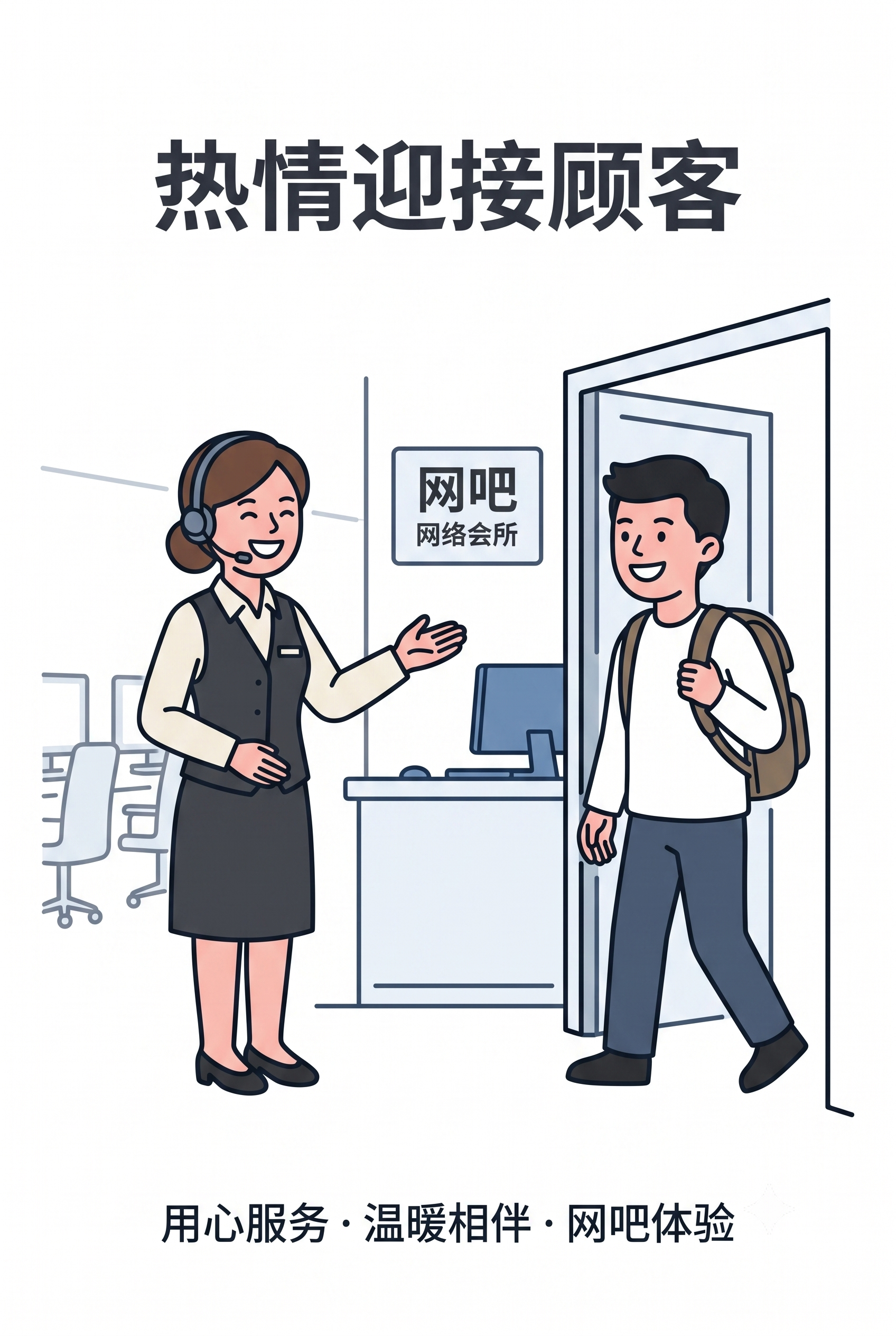 简笔画，矢量图形，扁平风，主题是"热情迎接顾客"，网吧服务场景… - 图片创意预览