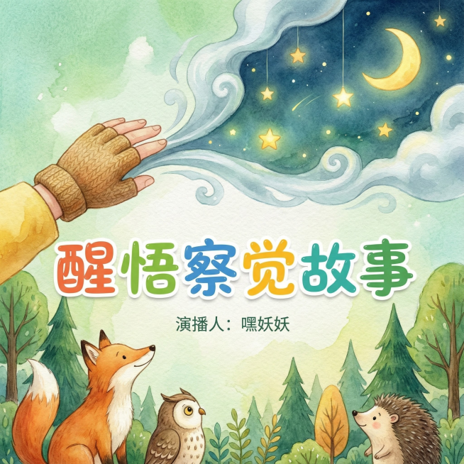 儿童有声书封面：要求：画面耳目一新，有智慧有警醒类元素 大小：1500*1500 小于等于5MB 文字：醒悟察觉故事 演播人：嘿妖妖 文字色彩鲜明预览效果