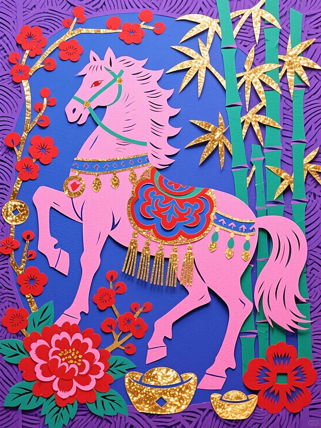 剪纸风与拼贴风结合，粉色骏马配金色装饰，点缀梅花、竹子与金元宝，喜庆浓郁，国潮气息浓厚，轻拟物手法呈现中式民族美感。